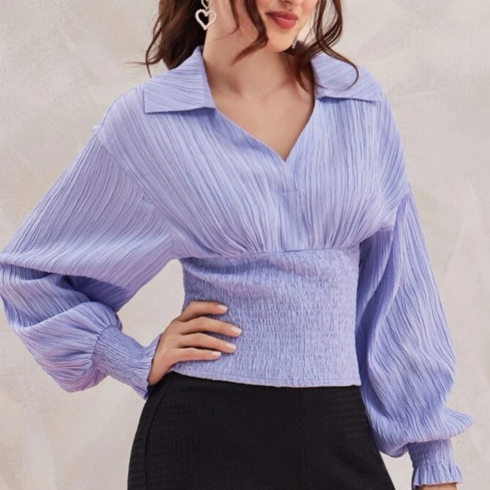 NWT, Lavishly Paris V Neck Collared Violet / Lavender Blouse.